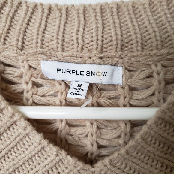 Purple Snow M Open Weave Knit Sweater Long Sleeve V Neck Beige - Picture 6 of 7